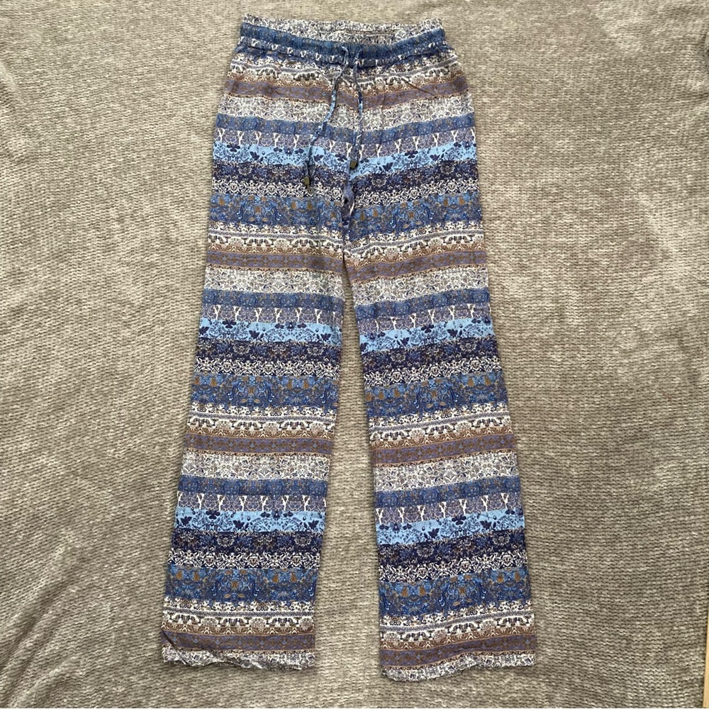 Artisan NY XS‎ Boho Blue Brown Striped Drawstring Wide Leg Rayon Pants
